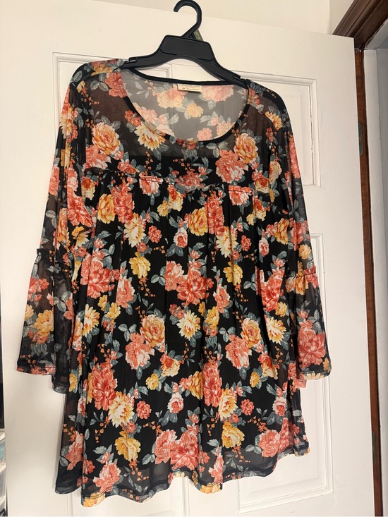 Bobbi Brown Tops - Bobbi Brown Black Sheer Floral Blouse with Coral and Yellow Blooms